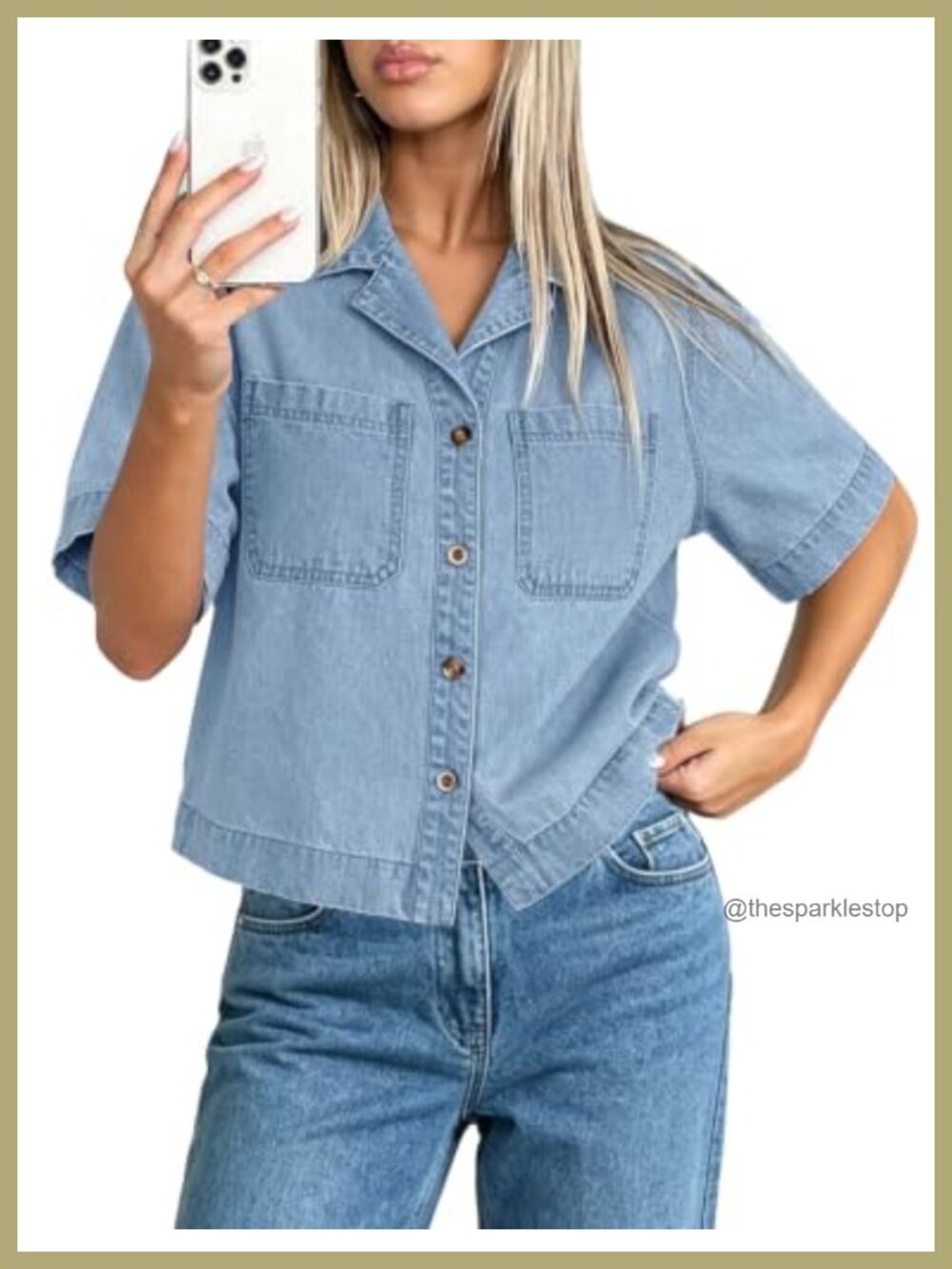 Womens Cropped Denim Top Short Sleeve Button Down Jean Shirt Cotton
